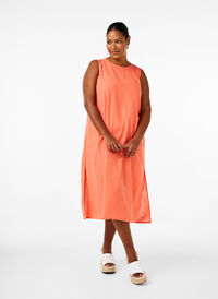 Sleeveless cotton blend dress with linen, Living Coral, Model