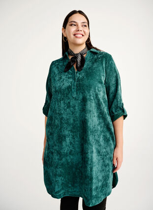 Zizzifashion Velvet dress with 3/4-length sleeves and buttons, Deep Teal, Image image number 0
