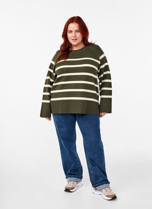 Zizzifashion Striped knitted blouse with round neck, D. Bag Birch Stripe, Model image number 2