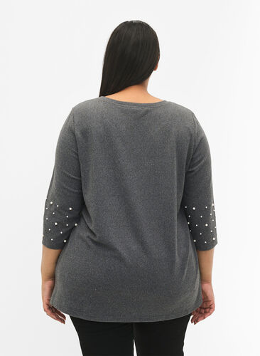 Zizzifashion Blouse with pearls and 3/4 sleeves, Dark Grey Melange, Model image number 1