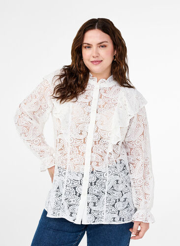 Zizzifashion Lace shirt blouse with ruffle detail, Snow White, Model image number 0