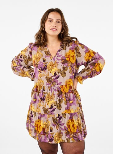 Zizzifashion Long-sleeved tunic with floral print, Purple Flower, Model image number 0