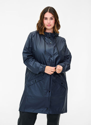 Rain jacket with hood and fastening - - 42-60 Blue Sz. button - Zizzifashion