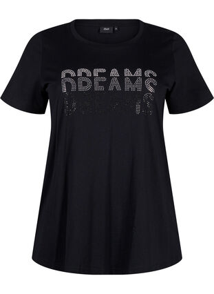 Zizzifashion Cotton t-shirt with rhinestone motif, Black w. Dream, Packshot image number 0