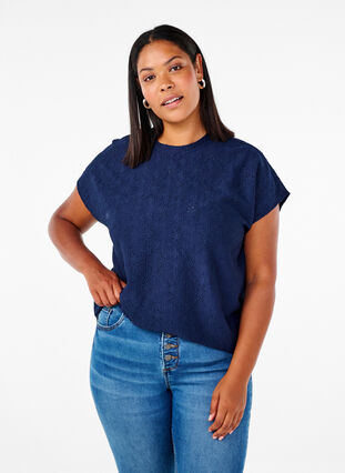 Zizzifashion Blouse with short sleeves and floral embroidery, Naval Academy, Model image number 0