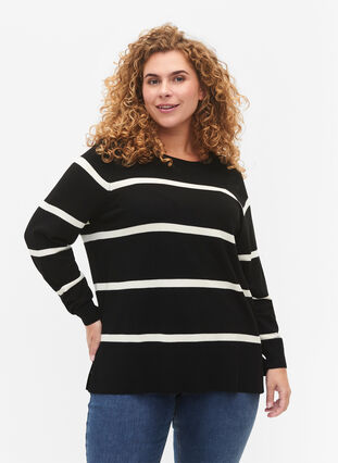Zizzifashion Knitted viscose blouse with stripes, Black Comb, Model image number 0