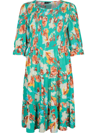 Zizzifashion Printed viscose dress with smock at the top, Arcadia AOP, Packshot image number 0