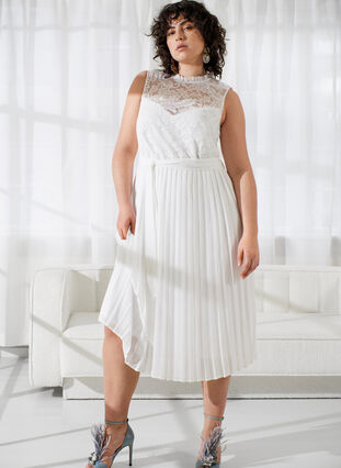 Zizzifashion Sleeveless dress with lace and pleats, Bright White, Image image number 0