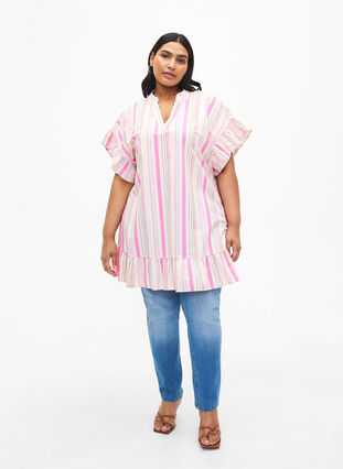 Zizzifashion Striped cotton tunic, Eggnog Multi Stripe, Model image number 2