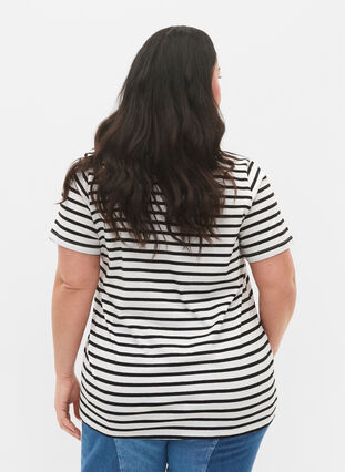 Zizzifashion Cotton t-shirt with stripes and v-neck, B. White/Bl. Stripes, Model image number 1