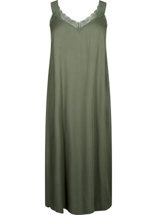 Zizzifashion Midi-length strap dress in viscose with lace, Thyme, Packshot image number 0