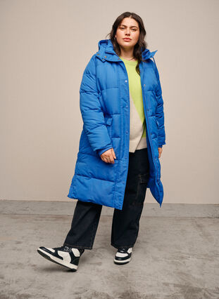 Zizzifashion Long puffer jacket with pockets and hood, French Blue, Image image number 1