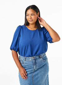 Short-sleeved blouse with a bow at the back, Estate Blue, Model