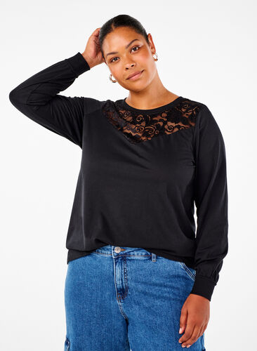 Zizzifashion Sweatshirt with lace details, Black, Model image number 0