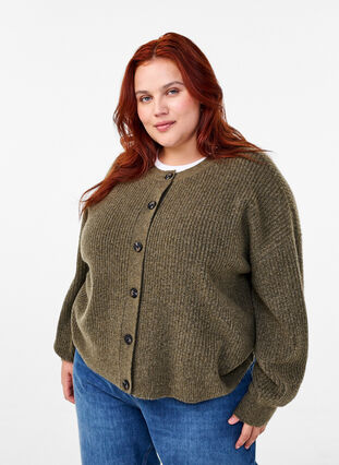 Zizzifashion Rib knit cardigan with buttons, Dusky Green Mel., Model image number 0