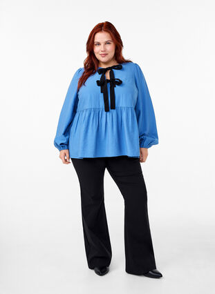 Zizzifashion Viscose blouse with bows and long sleeves, Riverside Black Bow, Model image number 3