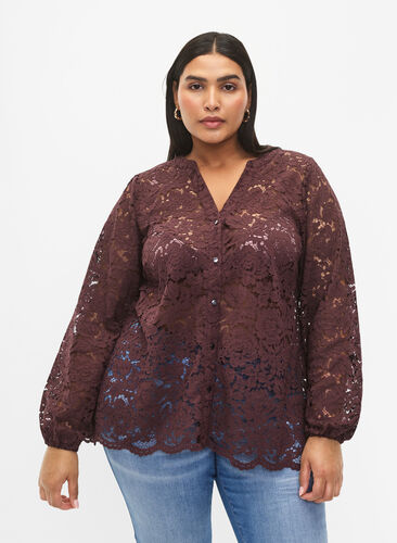 Zizzifashion Lace shirt with A-shape, Fudge, Model image number 0