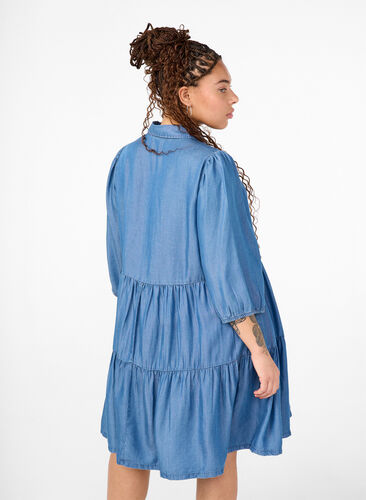 Zizzifashion Denim dress in TENCEL™ Lyocell with 3/4 sleeves, Blue Denim, Model image number 1