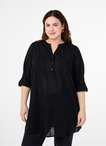 Zizzifashion Cotton tunic with 3/4 sleeves, Black, Model image number 0