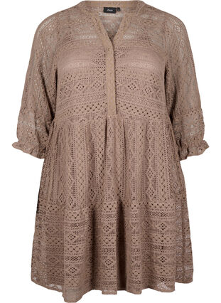 Zizzifashion Short lace dress with 3/4 sleeves, Fossil , Packshot image number 0