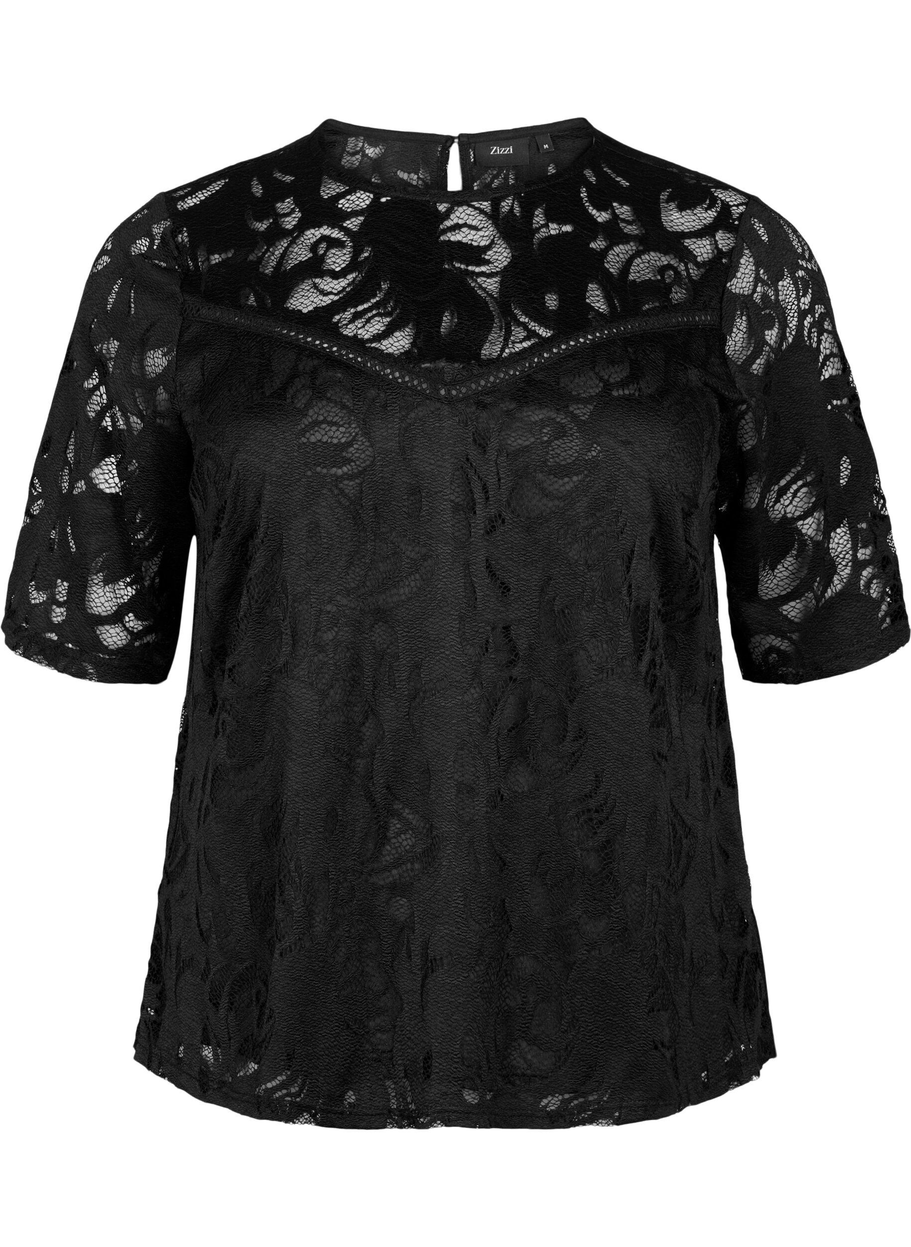 Lace blouse with short sleeves - Black - Sz. 42-64 - Zizzifashion