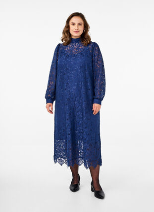 Zizzifashion Long-sleeved lace dress with high neck, Estate Blue, Model image number 0