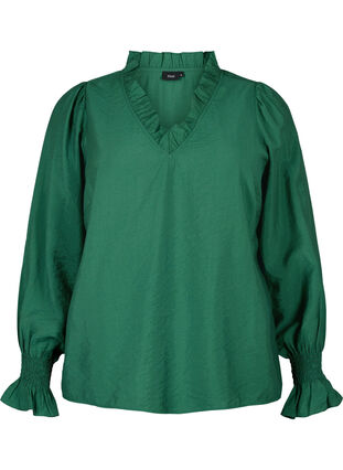 Zizzifashion Long-sleeved viscose blouse with ruffle details, Hunter Green, Packshot image number 0