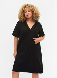 Cotton blend hooded dress with linen, Black, Model