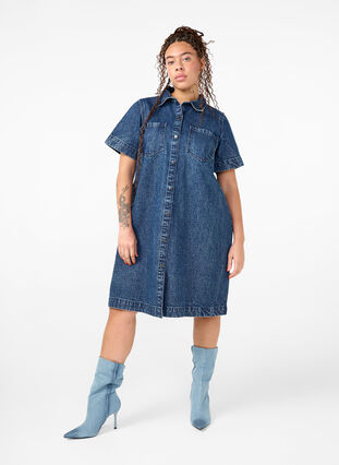 Zizzifashion Long denim shirt with short sleeves, Blue Denim, Image image number 0