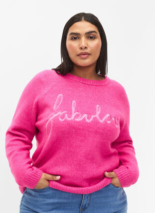 Zizzifashion Knitted blouse with embroidered text, Raspberry Rose, Model image number 0