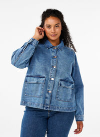 Denim shirt jacket with pockets, Blue Denim, Model