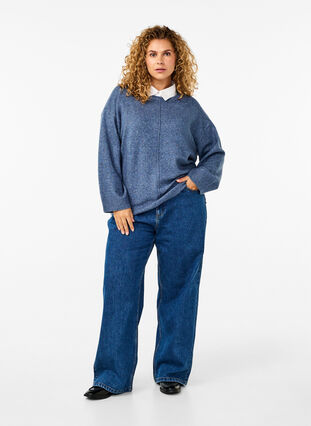 Zizzifashion Knitted blouse with a round neck and center seam, Bering Sea Mel., Model image number 2