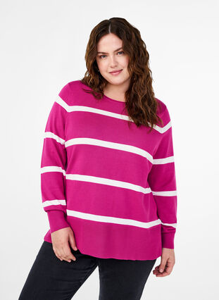 Zizzifashion Knitted viscose blouse with stripes, Fuchsia Red Comb, Model image number 0