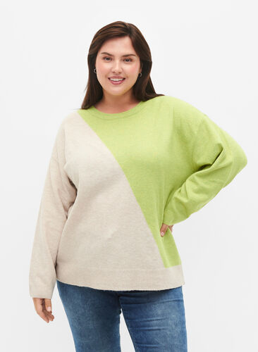 Zizzifashion Knitted blouse with round neck and colorblock, Tender Shoots Comb, Model image number 0
