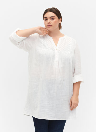 Zizzifashion Tunic in cotton with embroidery anglaise, Bright White, Model image number 0