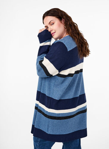 Zizzifashion Long knit cardigan with wide stripes, Bering Sea Mel. Comb, Model image number 1