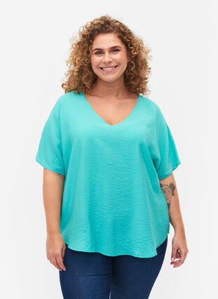 Zizzifashion Short-sleeved viscose blouse with v-neck, Turquoise, Model image number 0