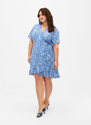 Zizzifashion FLASH - Wrap dress with short sleeves, White Blue AOP, Model image number 2