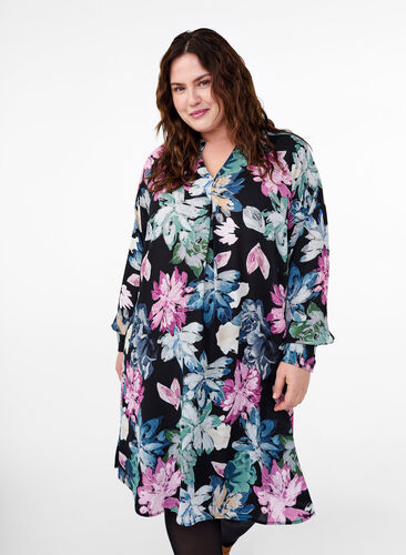 Zizzifashion Long-sleeved dress with floral print, Rose Flower AOP, Model image number 0