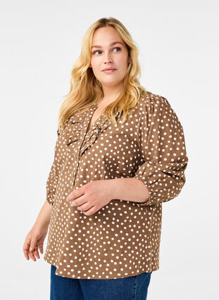 Zizzifashion 3/4 sleeve cotton blouse with polka dots, Coca Mocha Dot , Model image number 0