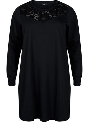 Zizzifashion Short sweat dress with lace detail, Black, Packshot image number 0