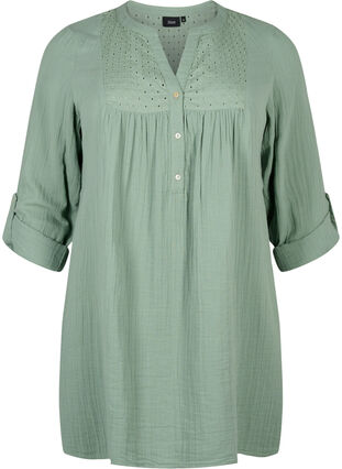 Zizzifashion Cotton tunic with anglaise embroidery, Chinois Green, Packshot image number 0