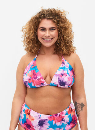 Zizzifashion Triangle bikini bra with print, Pink Flower, Model image number 0