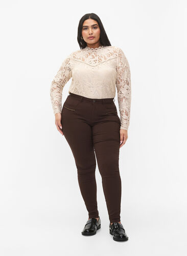 Zizzifashion Close-fitting trousers with zipper details, Coffee Bean, Model image number 0