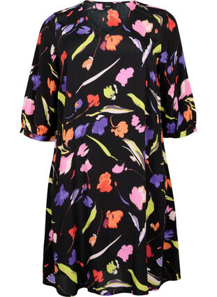 Zizzifashion Dress in viscose with print and 3/4 sleeves, Faded Tulip AOP, Packshot image number 0