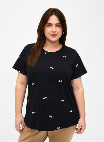 Zizzifashion Organic cotton T-shirt with bows, Black W. Bow Emb. , Model image number 0