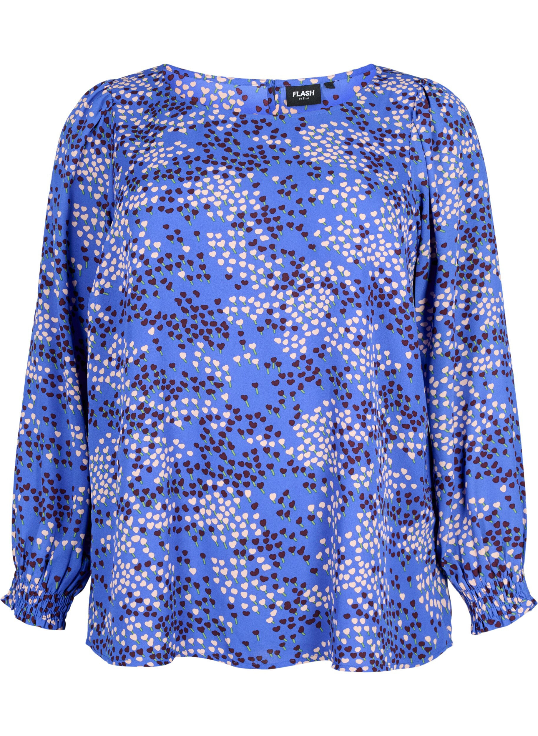 Viscose blouse with flower print and smocking - Blue - Sz. 42-60