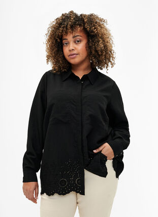 Zizzifashion Viscose shirt with broderie anglaise, Black, Model image number 0