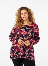 Floral blouse with long sleeves, Ev. Blue Rose Fl.AOP, Model