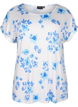 Zizzifashion Floral viscose blouse with short sleeves, White Blue AOP, Packshot image number 0